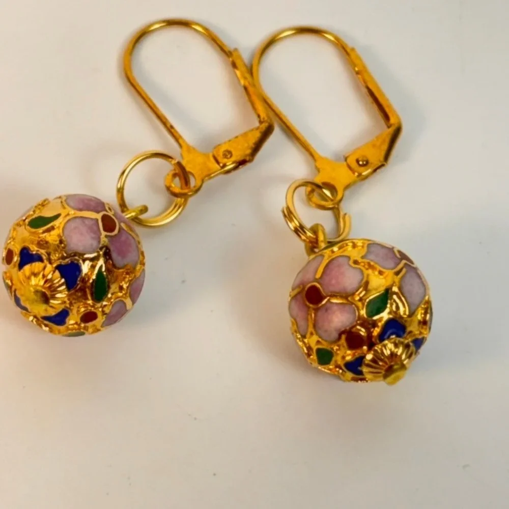 Vintage Cloisonne Dangle Earrings Gold Floral Enamel Glass Bead Boho Chic